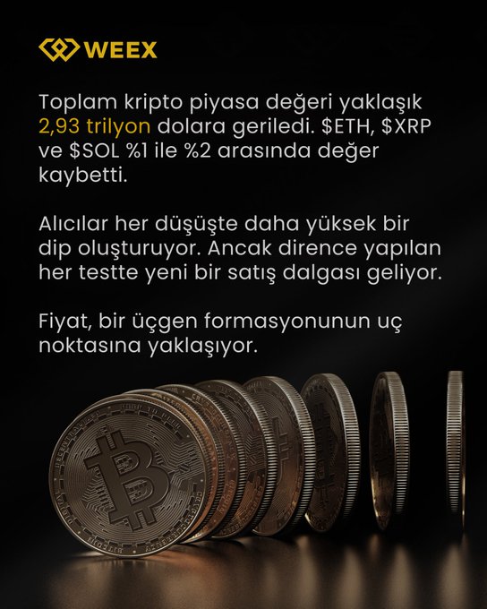 A Weex cryptocurrency market update in Turkish stating the total crypto market cap retreated to about $2.93 trillion, with ETH, XRP, and SOL losing 1%-2% in value, alongside an image of stacked silver Bitcoin coins.