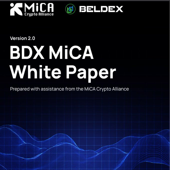 A cover page for 'BDX MiCA White Paper' Version 2.0, prepared with assistance from the MiCA Crypto Alliance, featuring logos for MiCA Crypto Alliance and BELDEX.