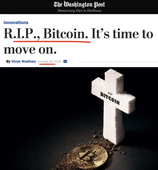 A Washington Post article headline reading 'R.I.P., Bitcoin. It's time to move on.' by Vivek Wadhwa from January 19, 2016, above an image of a gold Bitcoin coin next to a white tombstone marked 'RIP BITCOIN'.