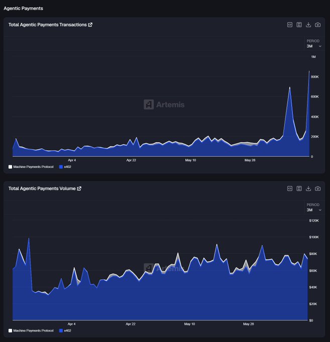 The image shows a close-up view of two charts with different colors. The first chart represents total payments made by agents over time, while the second chart indicates the total agent volume across these transactions. Both charts are displayed in a web browser on a dark blue background, and their positions are aligned horizontally.