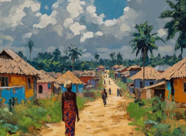 An impressionist-style painting depicting a rural village scene with thatched-roof huts in vibrant colors, palm trees, a figure in patterned clothing standing on a dirt road, and a dramatic cloudy sky.
