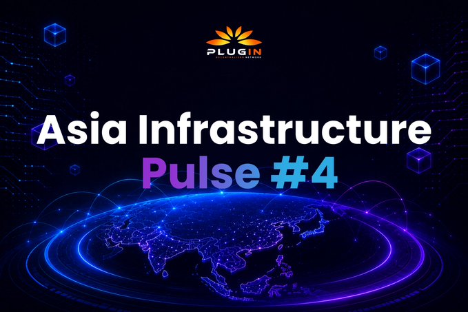 A promotional graphic for 'PLUG IN' featuring the title 'Asia Infrastructure Pulse #4' over a stylized blue and purple globe with digital cube elements.