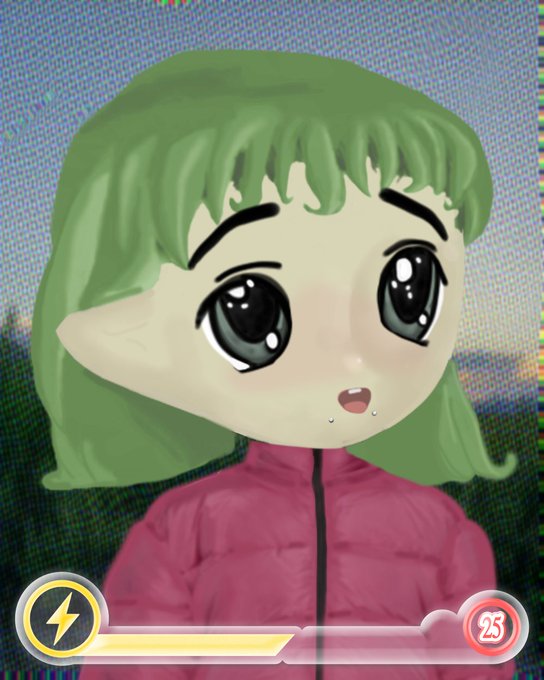 A 3D avatar with green hair, large eyes, and lip piercings wears a pink puffer jacket against a grainy background, with health and energy bars at the bottom.