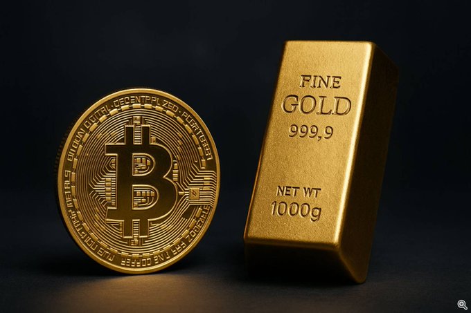 A gold Bitcoin coin standing next to a gold bar inscribed with 'FINE GOLD 999.9 NET WT 1000g' against a dark background.