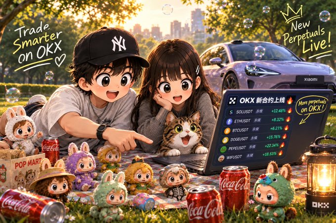 An illustrated promotional image for OKX featuring anime-style characters, a cat, Pop Mart figurines, a Xiaomi car, and a laptop displaying cryptocurrency trading data with text 'Trade Smarter on OKX' and 'New Perpetuals Live!'.