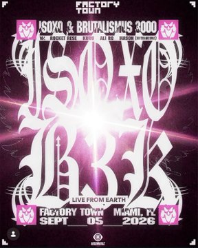 A promotional flyer for "Asotox & Brutalismus 3000" performing live at Factory Town in Miami on September 5, 2026, featuring a dramatic pink and white gothic-style design with angel wings flanking the elaborate event title. The "those who skip arc get rewarded" caption hints that skipping the ARC (related event) earns you access to this exclusive Factory Town show.
