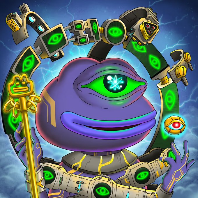 A purple, one-eyed Pepe character with an atomic symbol iris wields a golden staff and is surrounded by a circular, technology-themed halo adorned with green eye motifs against a lightning-filled blue sky, perfectly embodying the watchful "few more days to go" anticipation and "legendary" PFP hype expressed in the post.