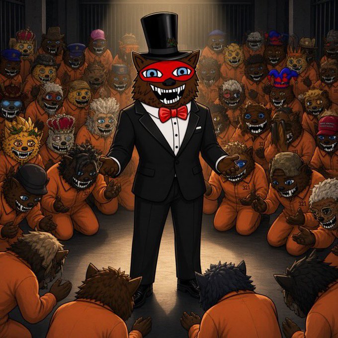 An anthropomorphic bear wearing a black top hat, tuxedo, and red mask stands under a spotlight, surrounded by a crowd of similar furry characters wearing orange jumpsuits and grinning masks.