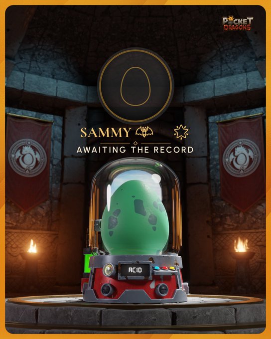 A Pocket Dragons NFT card featuring a green egg in a glass dome container, labeled 'SAMMY', 'AWAITING THE RECORD', and 'ACID' on a red and gray base, set in a stone chamber.