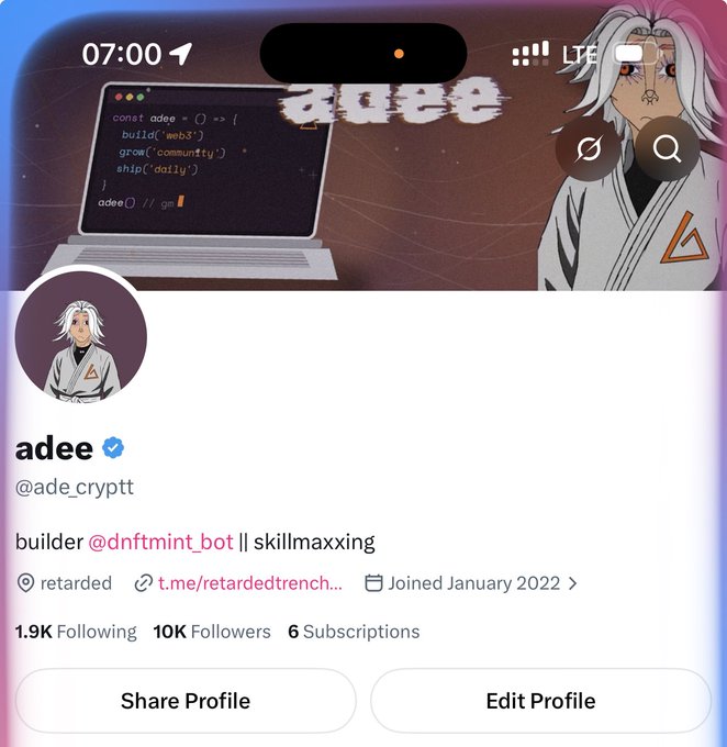A Twitter/X profile screenshot for verified user 'adee' (@ade_cryptt) with banner showing Solidity code for an 'adee' smart contract, bio reading 'builder @dnftmint_bot || skillmaxxing', with 1.9K Following, 10K Followers, and 6 Subscriptions.
