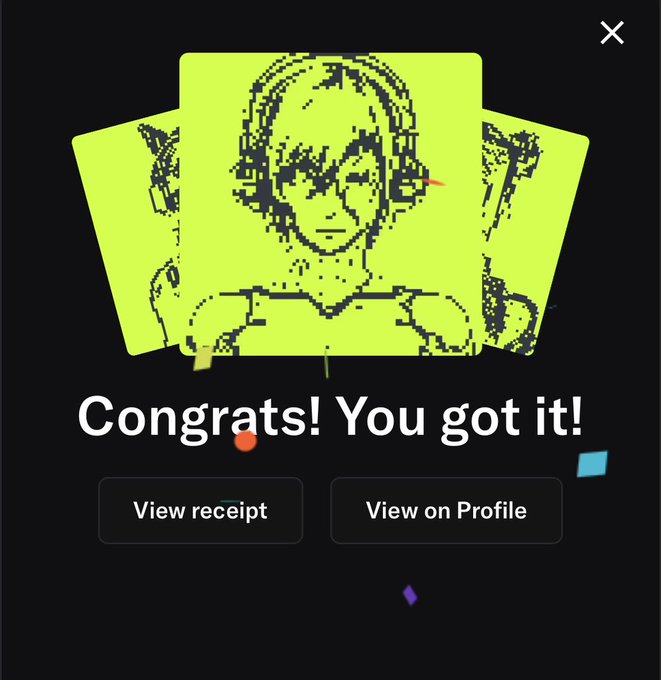 A digital NFT-style pop-up notification on a dark background featuring a green pixelated character with headphones, displaying the text 'Congrats! You got it!' with buttons for 'View receipt' and 'View on Profile'.