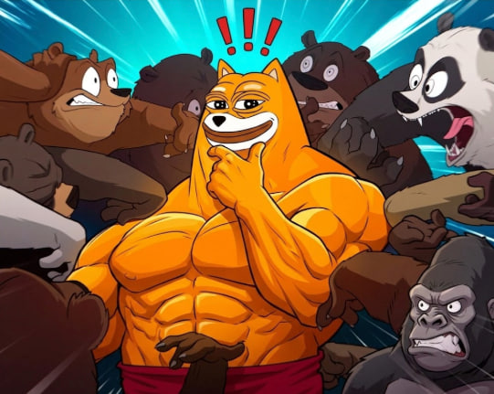 A muscular, confident Doge flexes while surrounded by shocked and angry bears, gorillas, and pandas, with the caption "Bears are terrified of $BEPE @bonkfun" playing on Doge's "Wojak" vs. "Chad" meme format to humorously portray bullish dominance over bearish opponents.