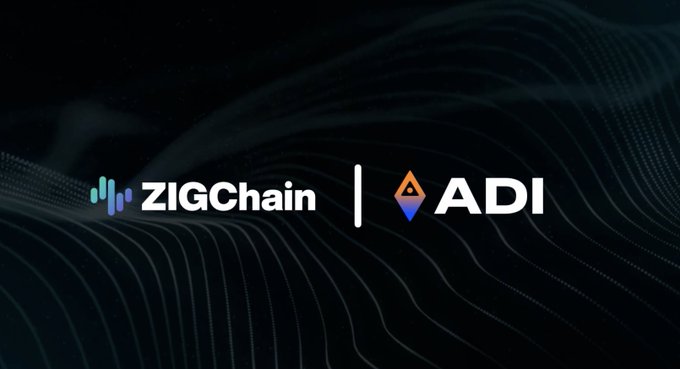 The image displays a partnership announcement between ZIGChain and ADI, featuring their respective logos side by side against a dark, flowing wave background, visually representing the collaboration between the two blockchain projects referenced in the post.