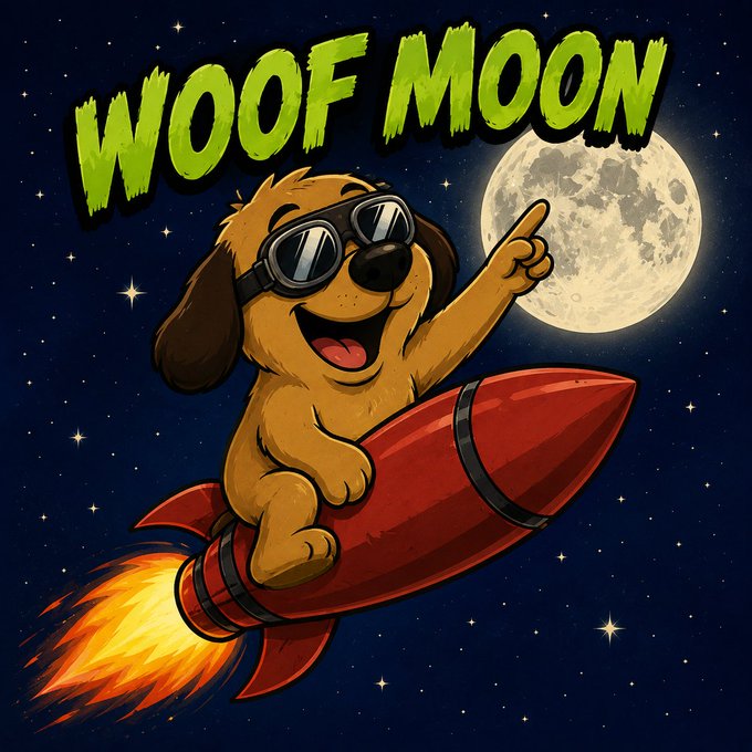 Cartoon illustration with the text 'WOOF MOON' showing a happy dog wearing sunglasses riding a red rocket past a full moon in a starry night sky.