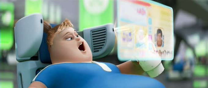 A chubby, animated boy reclines in a futuristic chair, mouth agape in awe as he stares at a glowing holographic display showing ID cards and data. The scene mirrors the accompanying text about "Metric is a WALL-E chair for your brain," as the child appears utterly captivated by the floating digital content—much like how a WALL-E-like AI-driven experience would fully engage a user's mind.