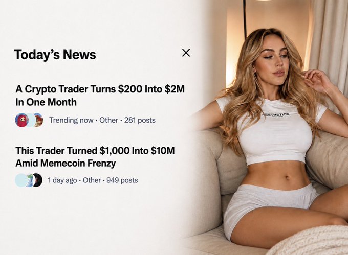 The image shows a "Today's News" section featuring headlines about crypto traders turning small investments into millions—$200 into $2M and $1,000 into $10M through memecoin trading—juxtaposed with a young woman in loungewear, visually drawing a parallel between the seductive promises of crypto wealth and the allure of OnlyFans success stories that the caption suggests drive others to chase unrealistic gains.
