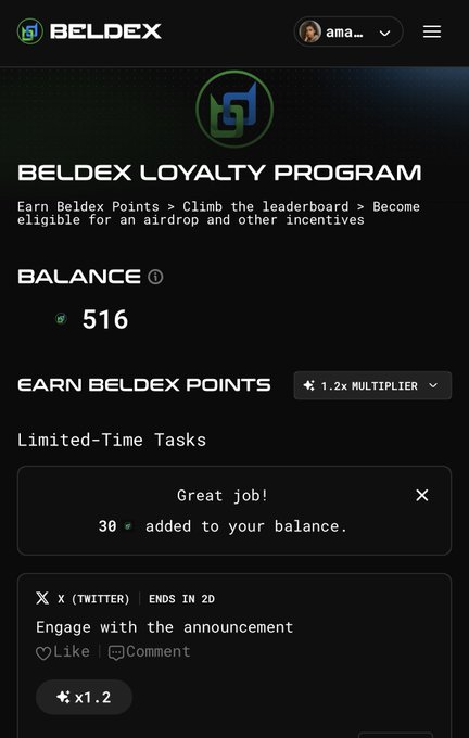 A screenshot of the Beldex Loyalty Program dashboard showing a balance of 516 points, a 1.2x multiplier, and a notification that 30 points were added.