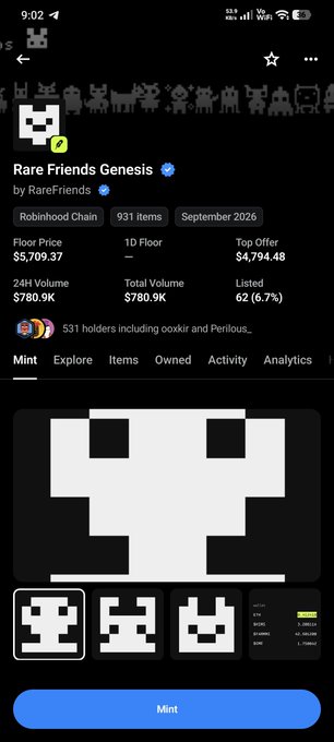 Screenshot of the Rare Friends Genesis collection page on OpenSea, showing a floor price of $5,709.37, a 24-hour volume of $780.9K, and 62% (531 of 931 items) listed, with a pixelated skull-like NFT displayed alongside a blue "Mint" button. The image aligns with the post promoting the project's free mint on Robinhood Chain, highlighting its current market metrics during the public mint stage.