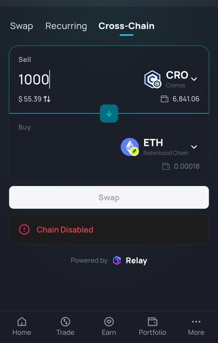 A mobile cryptocurrency exchange screen showing a cross-chain swap interface to sell 1000 CRO (Cronos) for ETH (Robinhood Chain), powered by Relay, but displaying a 'Chain Disabled' error.