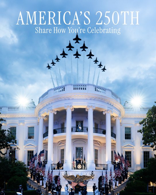 The image shows the White House at dusk with a fighter jet flyover formation, displaying text "AMERICA'S 250TH - Share How You're Celebrating" and "THE WHITE HOUSE 250" banner. It relates to the post's promotion of the $AMERICA ticker as a patriotic play timed to coincide with America's 250th anniversary celebrations and political momentum heading into the midterms.