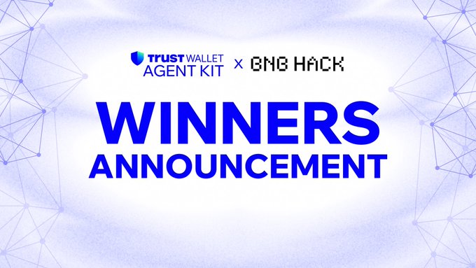 The image announces the "WINNERS" of the "TRUST WALLET AGENT KIT x BNB HACK" competition, aligning with the post about the hackathon's conclusion.