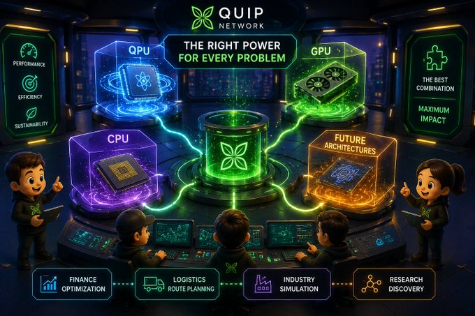 The image is a promotional graphic for Quip Network featuring a futuristic control room scene with cartoon characters operating terminals around glowing holographic displays of QPU, GPU, CPU, and "Future Architectures" processors, headlined "THE RIGHT POWER FOR EVERY PROBLEM" and highlighting applications in Finance Optimization, Logistics, Industry Simulation, and Research Discovery—visually reinforcing the post's message about Quip's diverse, multi-architecture computing ecosystem beyond just quantum.