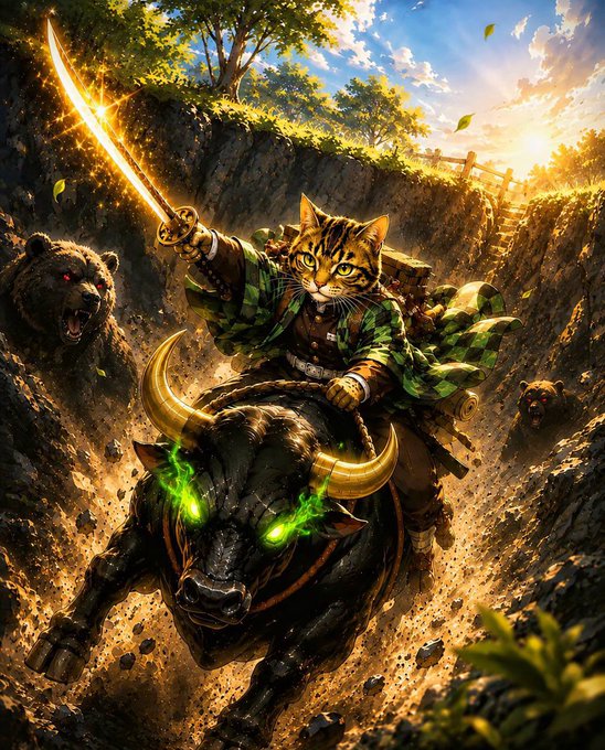 A fierce tabby cat warrior in samurai garb wields a glowing golden katana while riding a charging black bull with glowing green eyes, with menacing bears emerging from the rocky cliffs in the background. The epic, action-packed imagery visually reinforces the post's rallying cry for the "$cate" memecoin's dramatic comeback, casting the cat as a heroic figure leading a bold charge into battle.