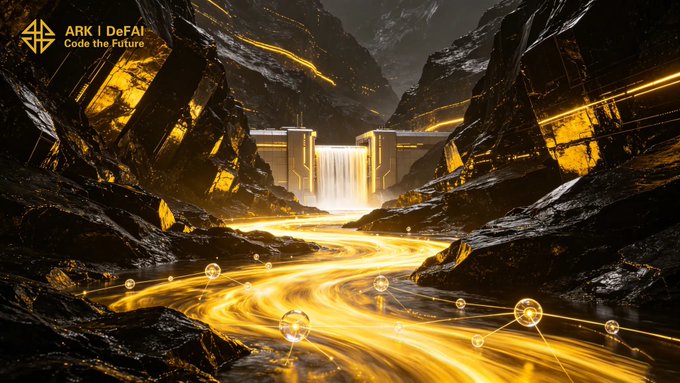 The image features a waterfall flowing down a mountain with a river running through it. The waterfall has a yellow glow coming from it, creating an artistic and visually appealing scene. The caption above the waterfall reads "ARK I DFAI CODING FOR THE FUTURE". This suggests that the waterfall is part of a larger project or initiative related to coding for the future.