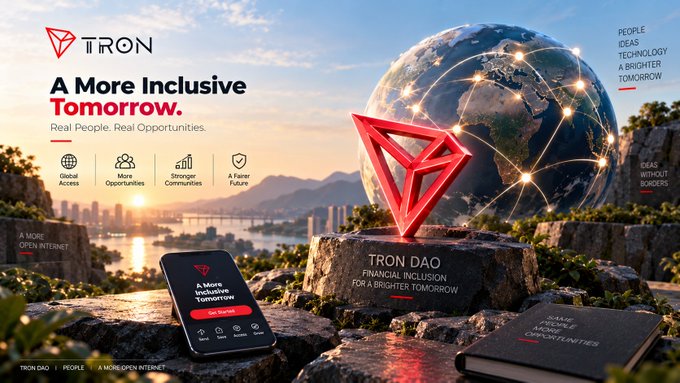 A promotional banner for TRON DAO with the tagline 'A More Inclusive Tomorrow' and 'Real People. Real Opportunities,' featuring a red TRON logo and globe.