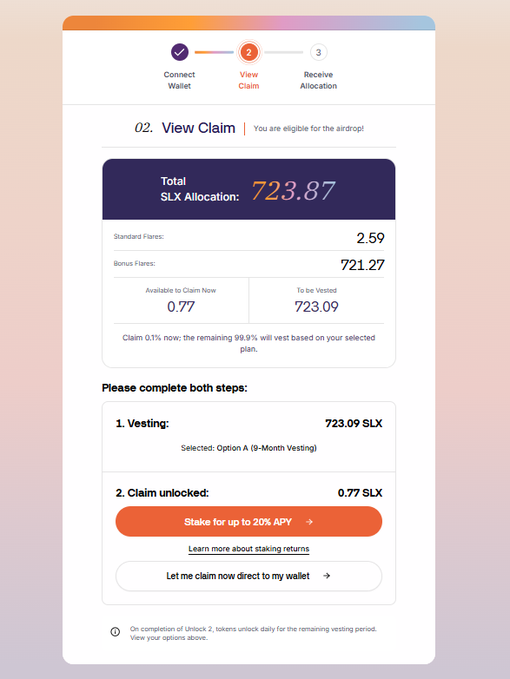 A web interface for an airdrop claim showing '02. View Claim' with a 'Total SLX Allocation: 723.87', broken down into standard and bonus flares, with options to stake or claim.