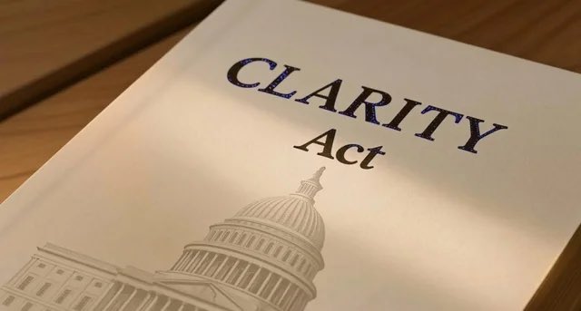 A document titled 'CLARITY Act' rests on a wooden surface, featuring an illustration of the U.S. Capitol building.