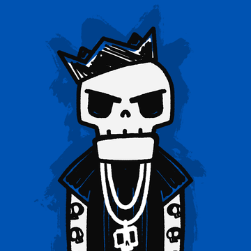A stylized cartoon illustration of a skeleton character wearing a crown, sunglasses, and jewelry against a blue background.