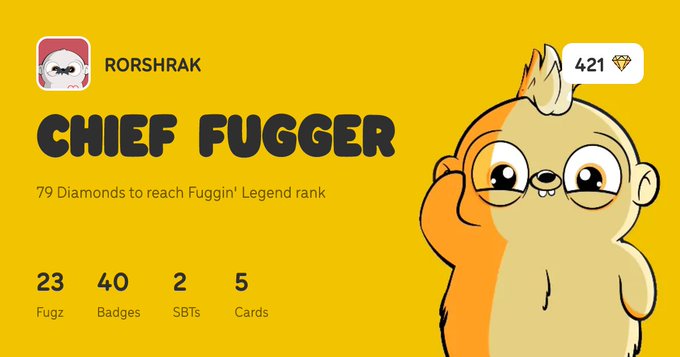 A yellow-themed user profile for 'RORSHRAK' with the rank 'CHIEF FUGGER,' showing 23 Fugz, 40 Badges, 2 SBTs, 5 Cards, and a total of 421 diamonds.