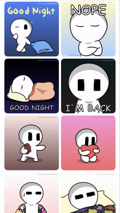 A collection of adorable "Giga Noob" meme stickers featuring a cute white character in various poses with text like "Good Night," "NOPE," "GOOD NIGHT," "I'M BACK," and heart-holding scenes, celebrating the meme pack surpassing 450 creations on the Gigaverse blockchain gaming platform.
