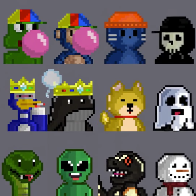 A pixel art sprite sheet featuring twelve colorful characters arranged in three rows of four, including figures wearing caps, crowns, and costumes such as a skeleton, ghost, dog, snake, alien, dinosaur, and snowman, all set against a gray background.