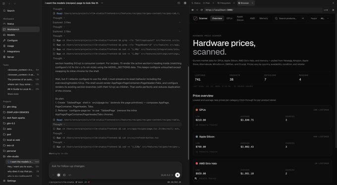A split-screen shows the Cursor AI code editor on the left displaying a chat conversation about extracting hardware prices, alongside a web browser on the right showing a "Hardware prices, scanned" page from pcpartpicker.com listing GPUs like AMD RX 7900 XTX ($819) and Apple Silicon ($799). The image illustrates the post's frustration about GLM (Zhipu AI) lacking native vision capabilities, as the user had to manually copy and paste text data from the webpage into the chat rather than the AI being able to directly see and extract the information from the browser screenshot.