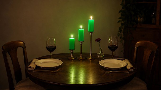 A round wooden table is set for two with wine glasses, plates, and rolled napkins, illuminated by three green candles of varying heights. The dim, moody lighting evokes a romantic candlelit dinner, fitting the caption about a "trader's idea" of romance—perhaps symbolizing the green glow of financial markets.