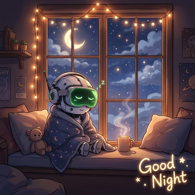 A 'Good Night' illustration showing a sleeping robot with closed green eyes, wrapped in a blanket on a window seat under a starry sky.