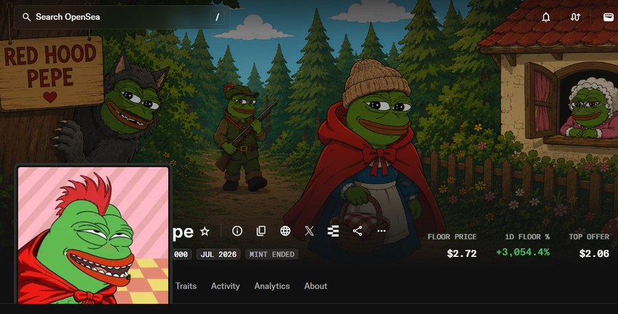 An OpenSea NFT listing page for a collection called 'RED HOOD PEPE', showing a Pepe the Frog character dressed as Little Red Riding Hood in a forest scene, with a floor price of $2.72.