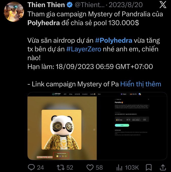 The image shows a tweet from Thien Thien (@Thient...) dated 2023/8/20 promoting the "Mystery of Pandralia" campaign by Polyhedra, which features an on-chain mystery game with a pool of 130,000$ and a deadline of 18/09/2023 06:59 GMT+07:00. Accompanying the text is a screenshot of the airdrop page displaying 14,372,000 RAND supply and a panda bear NFT with sunglasses and gold clothing, matching the post's reference to the #Polyhedra bear airdrop activity where users assembled bears to earn rewards worth around $200.