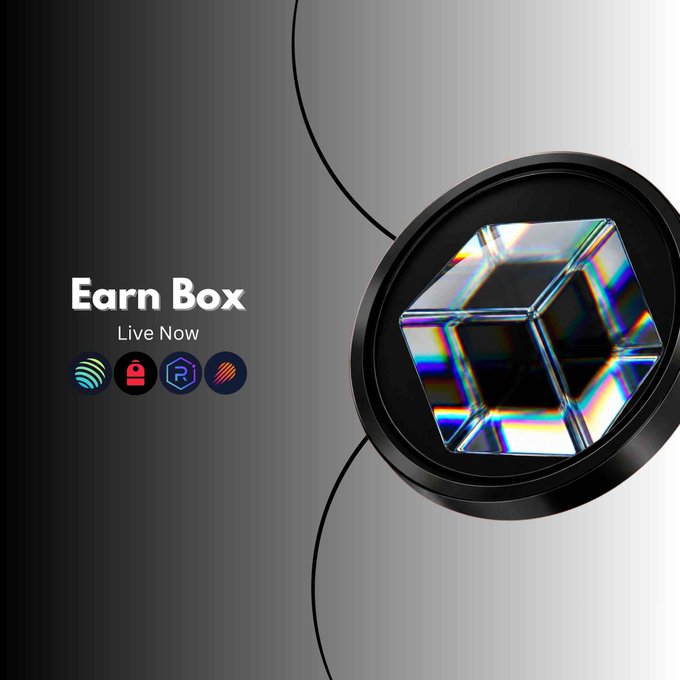 A sleek black and gray promotional graphic features a glowing 3D glass cube inside a circular frame, with the text "Earn Box — Live Now" alongside four token logos, announcing the launch of $EBOX trading on Solana (CA: 4DTVNDiM86TJLfXpVJhWVRQJc3hLzNYfeDHHwhZjNSbZ).