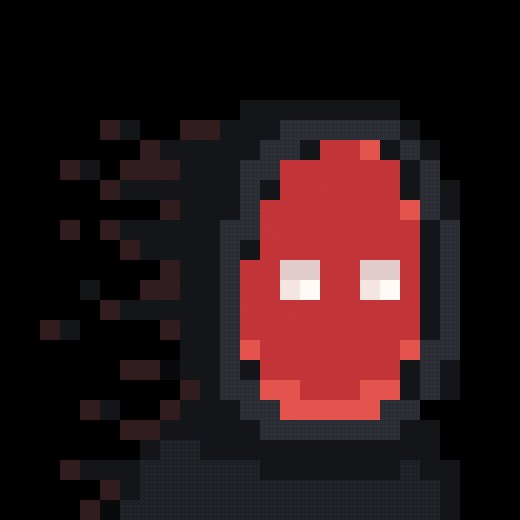 A pixel art image of a red, hooded figure with glowing white eyes, partially disintegrating into dark particles on its left side against a black background.