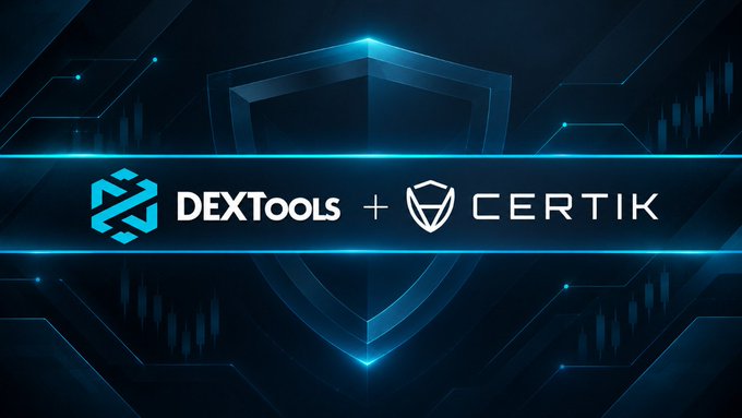 The image showcases a partnership announcement graphic featuring the "DEXTools + CERTIK" logos side by side, set against a futuristic dark blue background with a glowing shield motif and circuit-like design elements, visually symbolizing the collaboration to enhance security insights for users.
