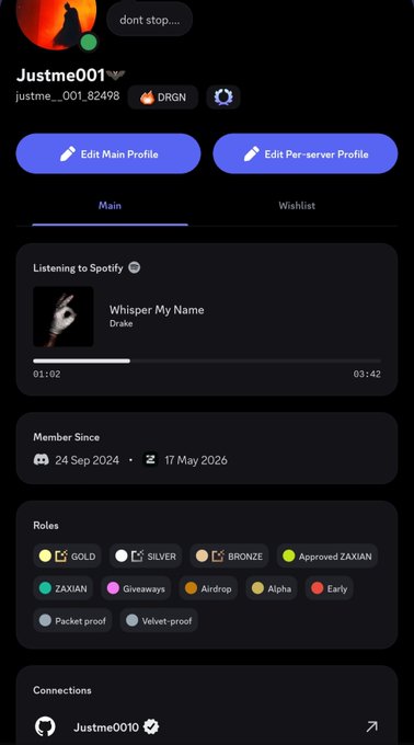 A user profile page for 'Justme001' showing their membership status, roles including GOLD, SILVER, and BRONZE, and that they are currently listening to Drake's 'Whisper My Name' on Spotify.