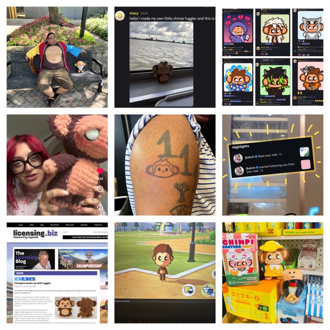 A collage of nine images showcasing the "Chimpers" IP ecosystem, including plush toys, NFT art, a tattoo with the number "1," merchandise at Smoko NYC, a licensing.blz blog post titled "Chimpers teaming up with Fuggler," social media interactions, and gameplay footage, illustrating the gradual growth of a brand from digital collectibles to physical products and collaborations.