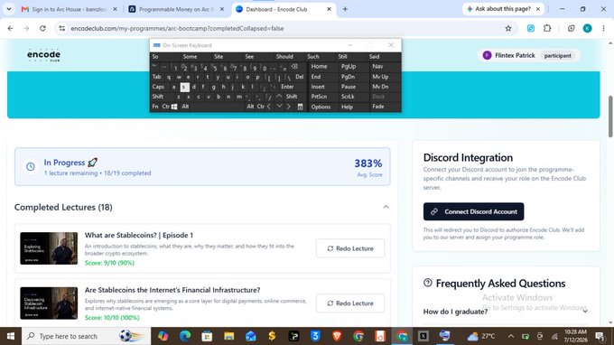 A screenshot of the Encode Club learning platform shows an 'In Progress' course with a '383%' score and '1 lecture remaining • 18/19 completed', featuring completed lectures titled 'What are Stablecoins? | Episode 1' and 'Are Stablecoins the Internet's Financial Infrastructure?'.