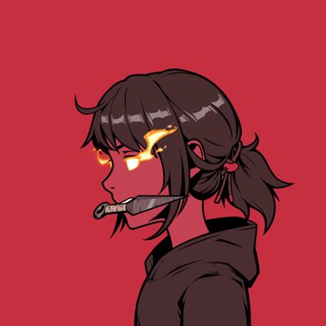 A digital illustration shows a girl with dark pigtails, glowing yellow eyes, and a knife in her mouth against a solid red background.