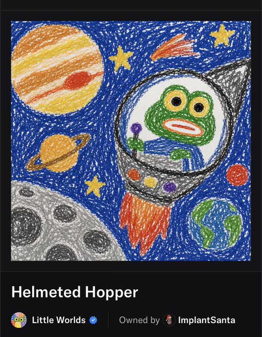 A child's crayon drawing titled 'Helmeted Hopper' from the 'Little Worlds' collection owned by 'ImplantSanta', depicting a green frog-like character in a space helmet surrounded by planets and stars.