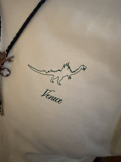 A close-up of a white fabric item, possibly a tote bag, featuring an embroidered dinosaur and the name 'Tenacc'.