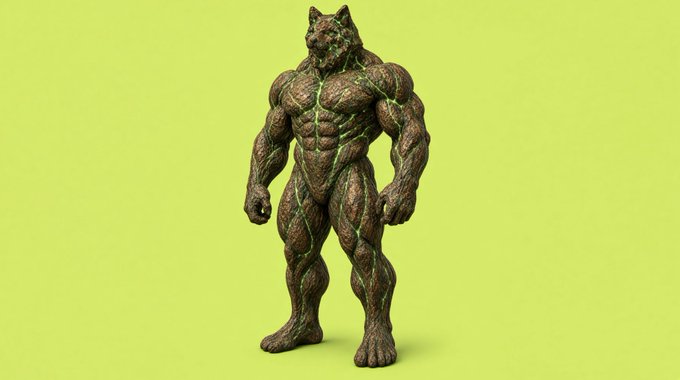 A 3D rendering of a muscular, humanoid figure with a wolf-like head, featuring bark-like brown skin with green mossy veins, standing against a light green background.
